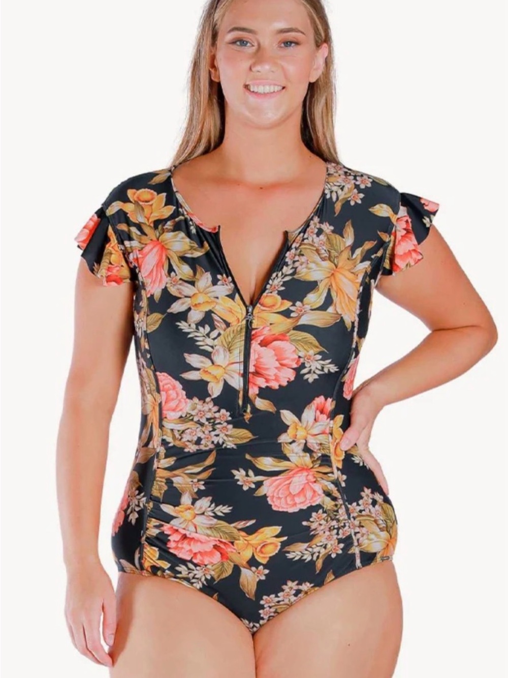 Floral Zip-Front One-Piece Swimsuit in Black and Coral